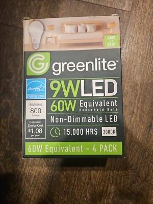 Greenlite LED 4 Pack 9W 60W Equivalent Light Bulbs 800 Lumens A19 Non-Dimmable