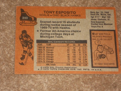 1975-76 Topps Hockey Karte #240 Tony Esposito Chicago Black Hawks schöne Karte - Bild 2 von 3
