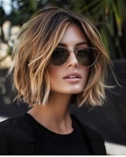 Short Balayage Blonde Brown Highlight Bob Wigs 100% Human Hair Lace Front Wigs