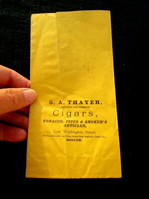 c side tobacco c.1880 Antique S.A. THAYER Cigar Store Tobacco Bag, New Washington St, BOSTON MA c side tobacco c.1880 Antique S.A. THAYER Cigar Store Tobacco Bag, New Washington St, BOSTON MA