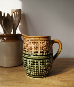 Antique Majolica Jug Pitcher Rustic Basketweave Leaves Relief Antique Majolica Jug Pitcher Rustic