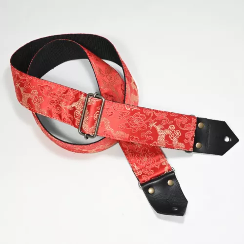 Spice Note Embroidered "Golden Dragon" Guitar Strap - Brass Buckle, Leather Ends