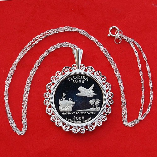 US 2004 Florida State Quarter Silver Proof Coin 925 Sterling Silver Necklace - Picture 2 of 5