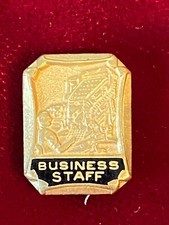 Gold Tone Embossed Worker Machinery Enamel Script BUSINESS STAFF Lapel Pin Vtg