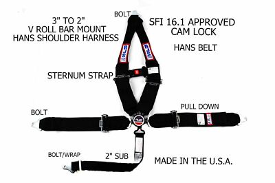 RJS SFI 16.1 5PT HANS CAM LOCK V ROLL BAR MOUNT STERNUM STRAP BELT BLACK 1050901