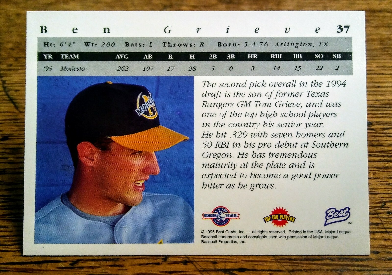1995 BEST 37 BEN GRIEVE MODESTO A'S ATHLETIC MINOR LEAGUE ROOKIE