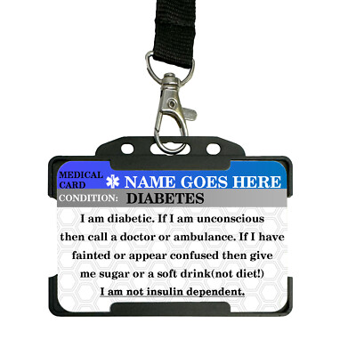 Diabetes Personalised Printed Metal ID Card/Wallet Insert Lanyard & Card Holder