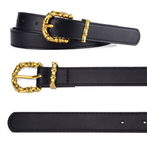 Women Solid Metal Gold Round Buckle Faux Leather Slim Belt Dress Jeans Waistband - Picture 4 of 13