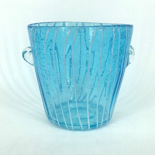 Vintage Ice Bucket Murano Style Art Glass Carribean Blue White Stripes Handles - Picture 4 of 13