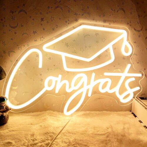 Congrats Grad Neon Sign with Graduation Cap, Warm White Congrats Grad Light U...