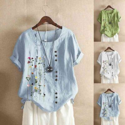 T-shirt Linen Womens Tops Cotton Sleeve Floral Ladies Short Blouse ...
