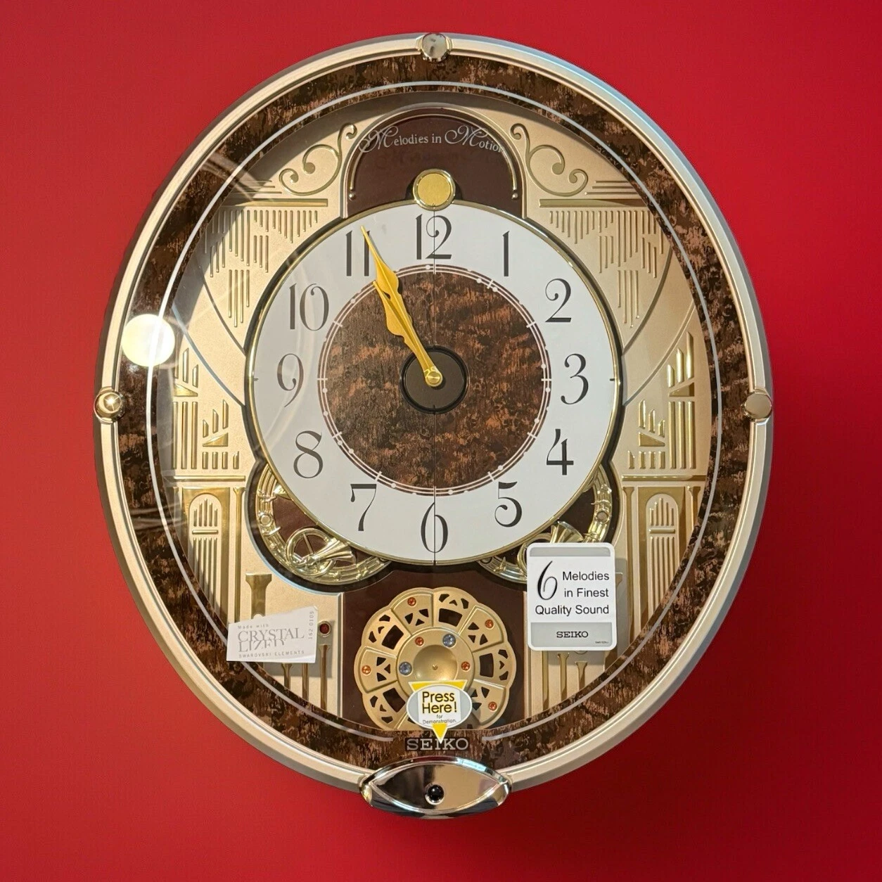 Seiko Melodies In Motion Wall Clock Wall Clock, Golden French Horns QXM265BRH