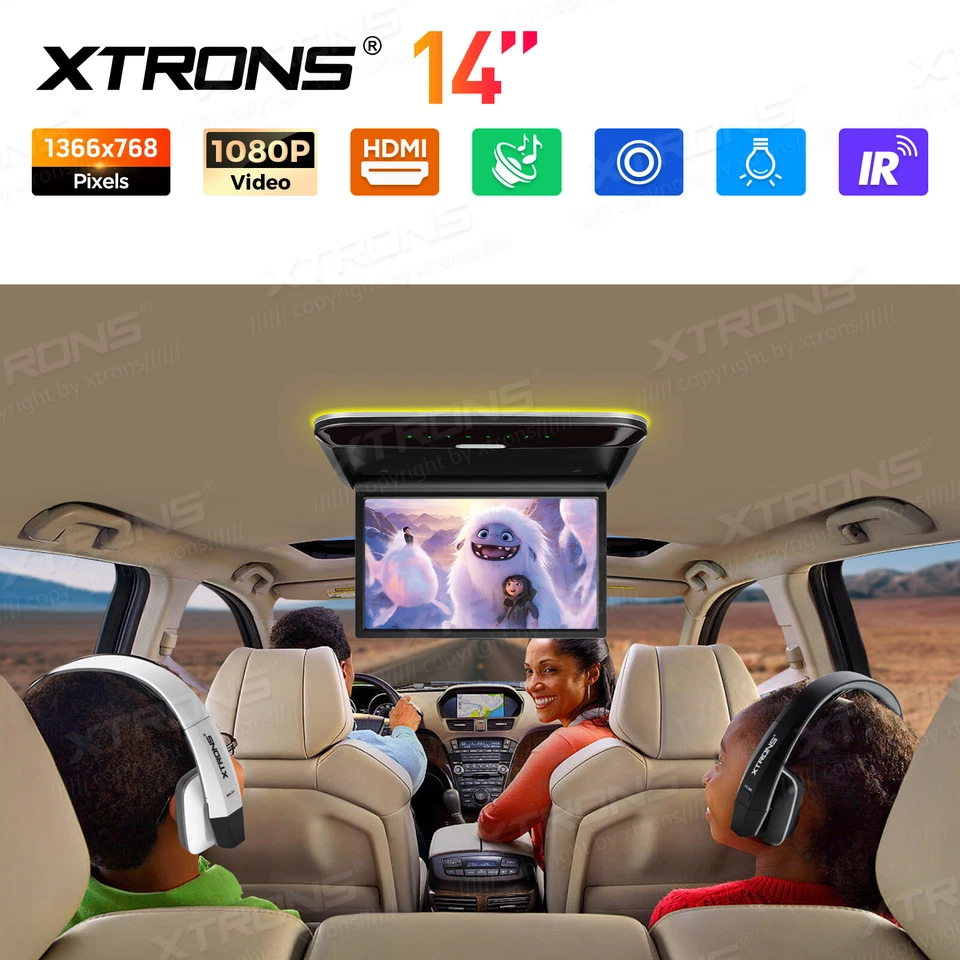 14" FHD Screen Car TV Roof Monitor Player Overhead Mounted HDMI W/Speaker 1080P - Image 3 of 4