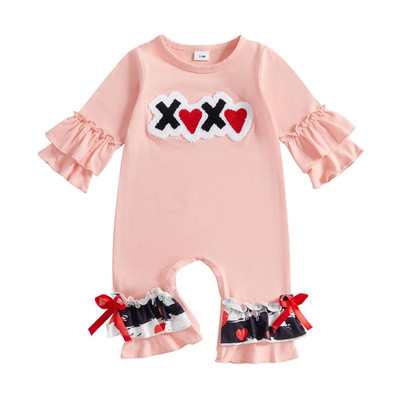 Baby Mädchen Valentinstag Strampler Langarm Herz Print Lagenlook Rüschen Jumpsu