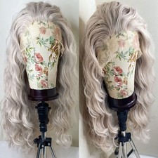 T Lace Front Wig Synthetic Hair Heat Resistant Women Silver grey Long Wavy
