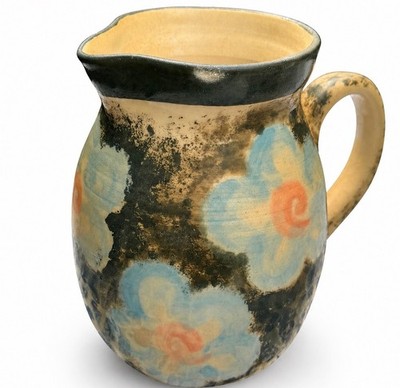 Handgefertigter Studiokeramik Krug Krug blau Blumen rustikal Steinzeug 6'' signiert 