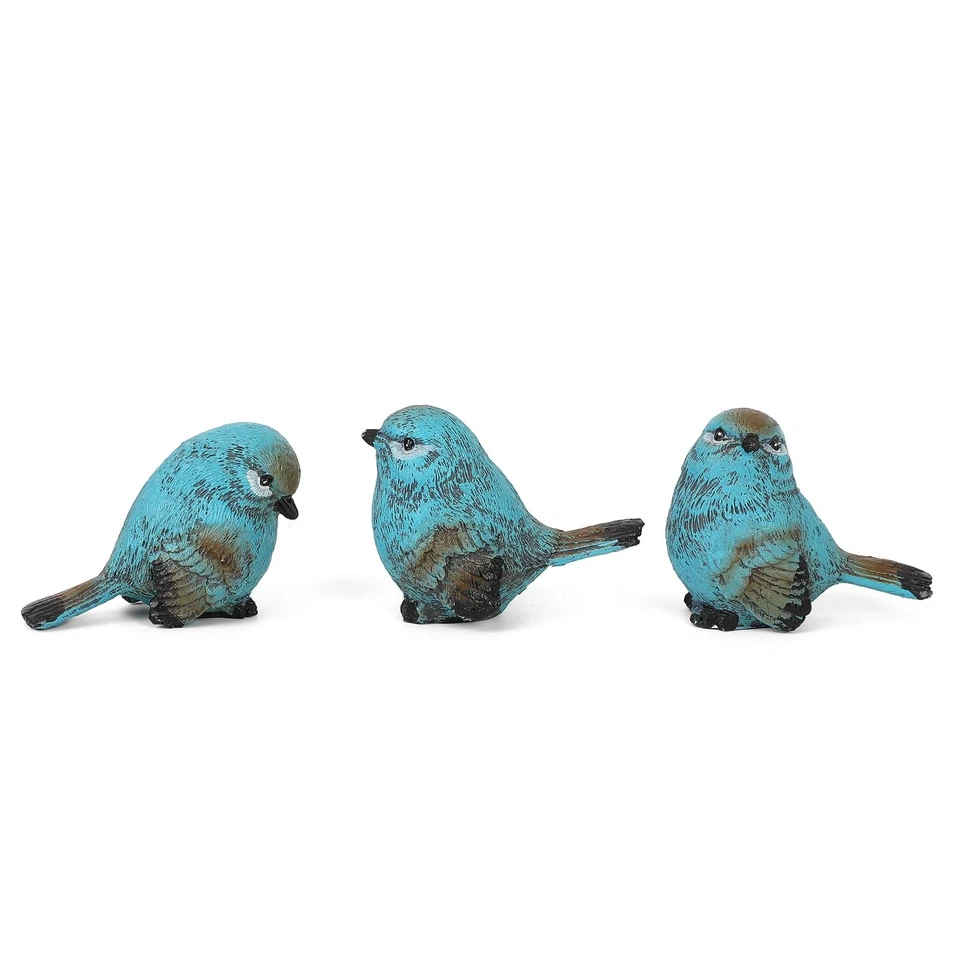 Juego de 3 estatuillas de pájaros garbanzos azules texturizados de cabaña junto al mar, piedra de resina... Foto 2 de 4