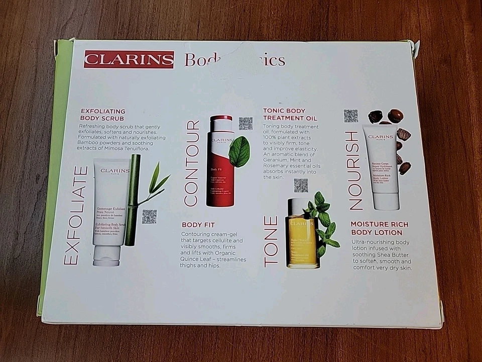 CLARINS BODY BASICS Body Fit, Scrub, Tonic Treatment Oil, Body Lotion Open Box - Image 3 of 4
