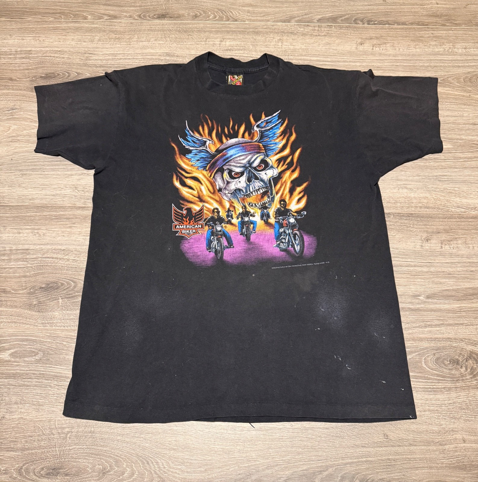 Vintage 1992 3D Emblem American Biker Flames Skull T-Shirt Men's Size XL 23 x 29