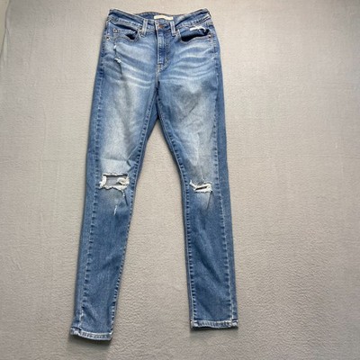 Levi s 721 Womens Blue Denim High Rise Distressed Skinny Jeans Size 27