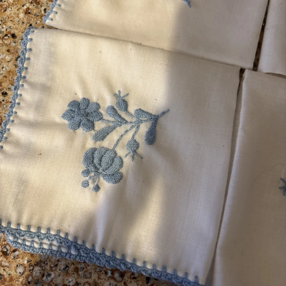 Pañuelo Vintage Algodón Pañuelos Azul Crochet Bordado Flores Juego de 4 Foto 2 de 4