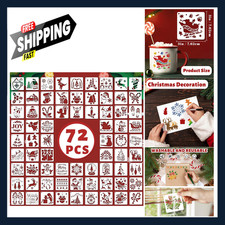Christmas Stencils 72 Pack Reusable PET Plastic 3x3 Inch Multi Surface Painting
