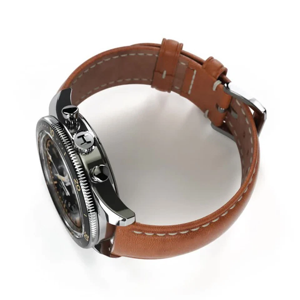 HEMEL Air Defense Cronografo Meccanico Acciaio Marrone Pelle Nero Orologio Uomo Foto 4 de 4