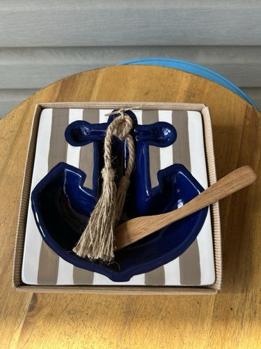 Mud Pie Blue Anchor Striped Ceramic Dip Bowl Spreader Set Beach Nautical 6.5"