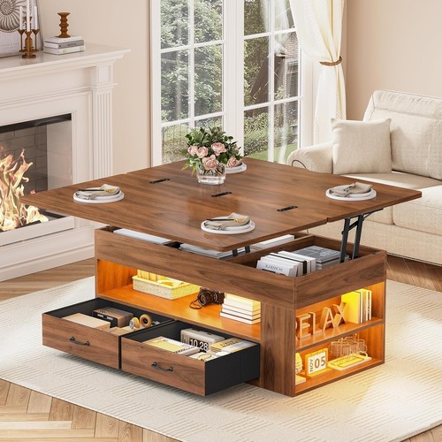 Lift Top Coffee Table with 2 Fabric Drawers & LED Light, Farmhouse ...