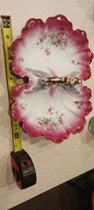 Double Serving Dish~Twist Handle Gold Trim Victorian Florals
