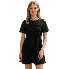 Ann Taylor Dress 4P Black Ponte Mini Faux Leather Sleeve Minimalist Classic