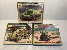 3 Zvezda Soviet Models, Armored Car BA-10 Howitzer M-30, Heavy Tank KV-1