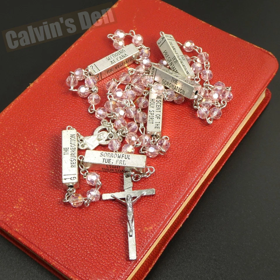 Collar Crucifijo Misterios del Rosario Devocional Metal Cuentas Cristal Rosa Foto 4 de 4