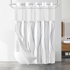 No Hook Shower Curtain with Snap in Liner Set, Grey and White Striped Design,...