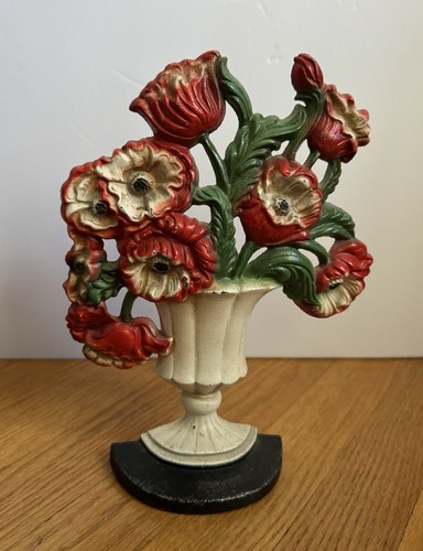 Vintage John Wright ~ (Hubley) Cast Iron #440 Poppy Vase Doorstop Red Poppies