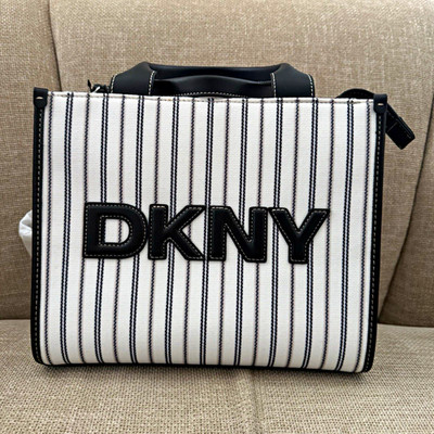 DKNY Black & White Striped Satchel Top Handle Zip Bag Lined Detachable Strap