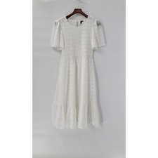 Kandra Womens Dress Medium White Smocked Flutter Sleeve Swiss Dot Flowy Midi NEW