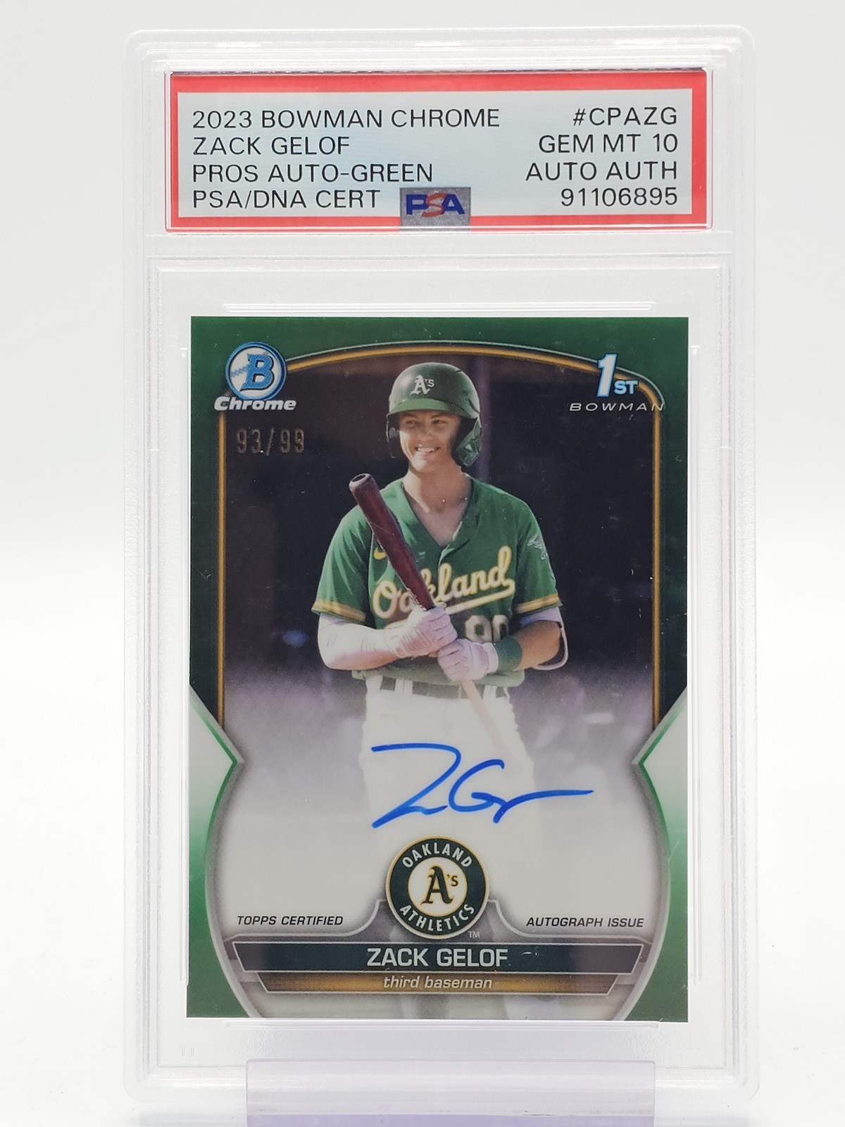ZACK GELOF 2023 BOWMAN CHROME 1ST ROOKIE AUTO GREEN /99 #CPA-ZG A'S PSA 10 Q6911