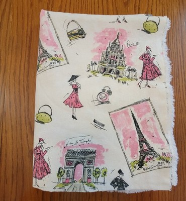 Vintage Tres Chic Heavy Fabric  Woman Paris Eiffel Tower Pink On Ivory 58 x 44''