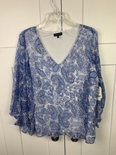 NWT 1.State Blouse XL Blue White Floral Paisley Puff Sleeves  Boho Cottagecore