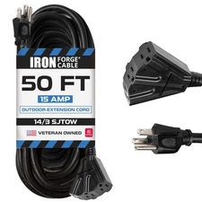 50 Ft Black Oil Resistant Extension Cord with 3 Electrical Power Outlets for