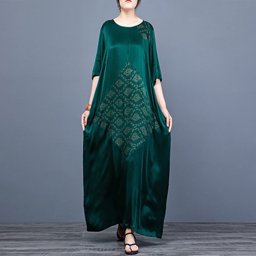 Vintage Style Loose Kaftan Maxi Printed Dress Women Crew Neck Oversized Robe - Picture 7 of 17