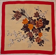 SCARF VINTAGE AUTHENTIC FLORAL ART RED BEIGE GRAY SILK 31" SQUARE