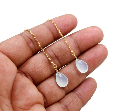 Solid 925 Sterling Silver Chalcedony Gold Plated Threader Beads Silver Earring - Picture 2 of 3