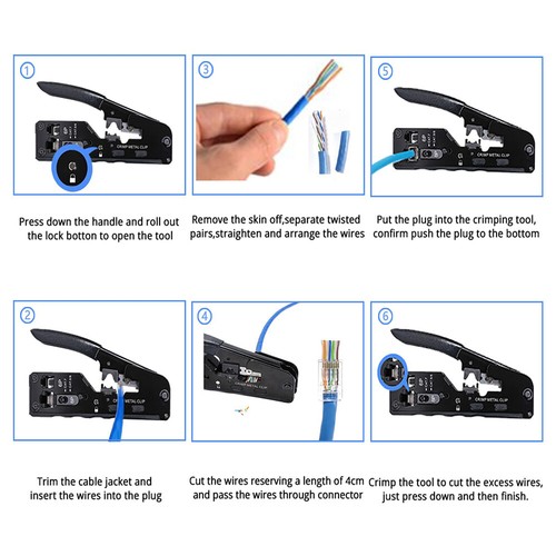 RJ45 Crimpzange + 12 Cat7 Stecker Set Netzwerk Werkzeug Lan Kabel Zange Cat 7 /6 - Afbeelding 3 van 6