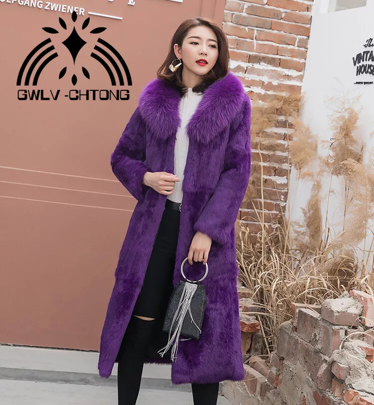 Real rabbit fur coat with fox fur collar women long purple jacket overcoat