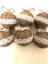 Rustic Ornaments with Twine and Lace Ribbon Pearls and Bow Set of 6 Handmade New