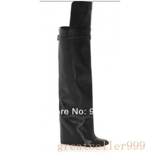 Pointy Toe Women Leather Fold-Over Knee-High Boots Leisure Wedge Heels Boot 2019 - Picture 11 of 46