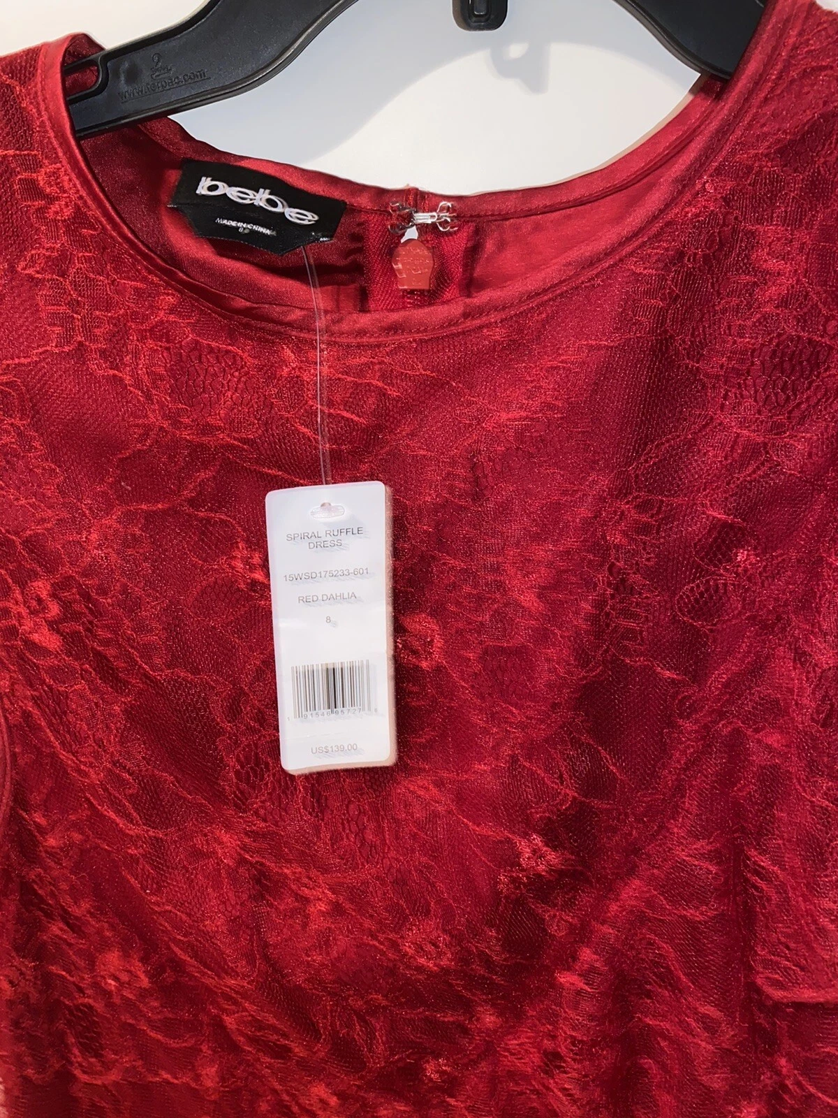 Mini abito BEBE rosso pizzo spirale nuovo con etichette volant taglia 8 HTF foderato San Valentino romantico