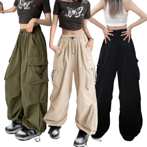 Damen Cargohose Streetwear Hip Hop breite Bein Jogger Baggy schnell trocknende Hose Neu - Bild 1 von 24